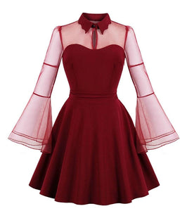 Red Mesh Flare Sleeve Dress