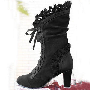 Floral Lace Up High Heel Boots