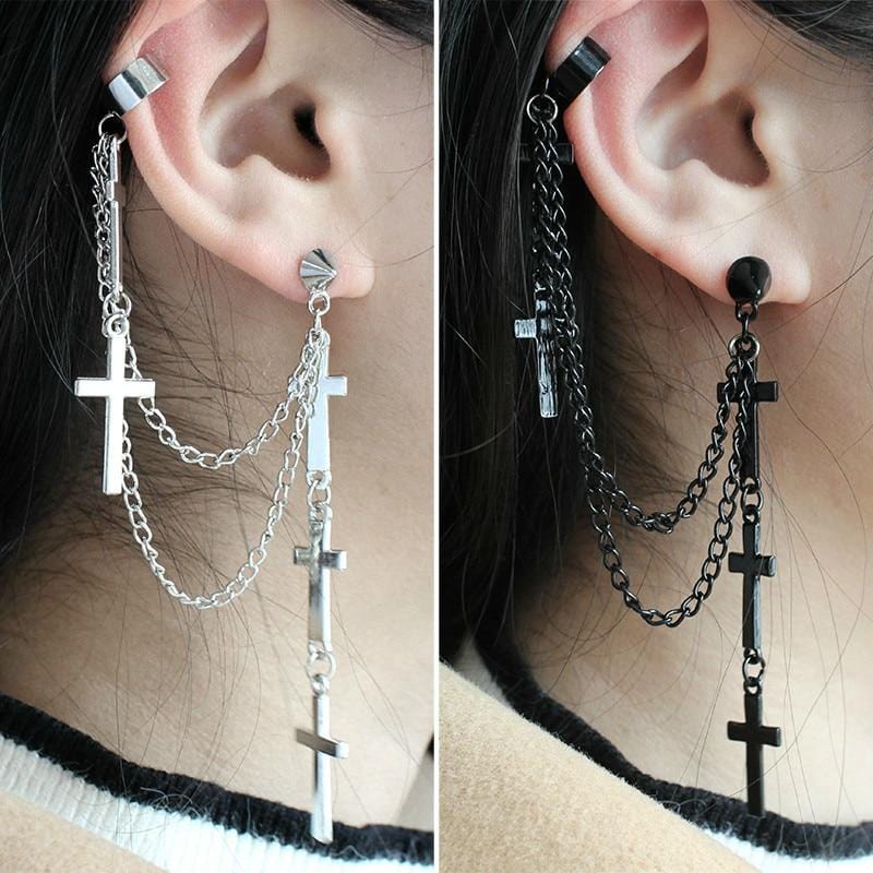 Elegant Long Drop Black Cross Tassel Chain Ear Wrap Cuff Stud Clip Earrings