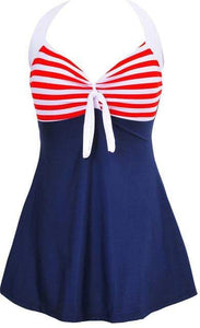 Halter Skirt Swimsuit (red stripe)