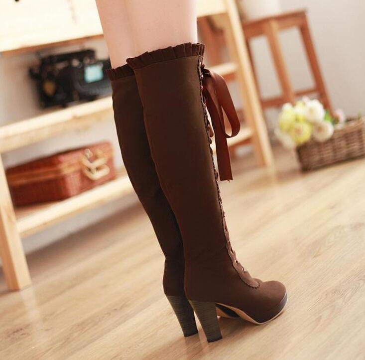 Super Hot Knee High Lace Ribbon Boots