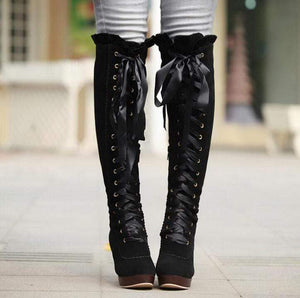 Super Hot Knee High Lace Ribbon Boots