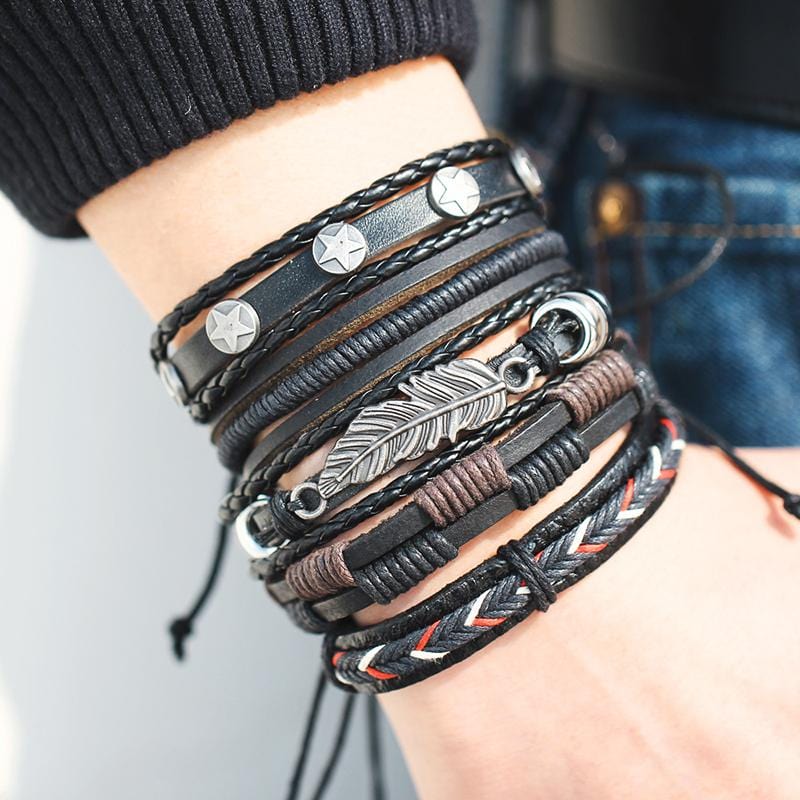 Grandson, Forge Your Own Path Woven Black Leather Bracelet Featuring A  Damascus Steel Centerpiece Adorned With A White Sapphire In The Center
