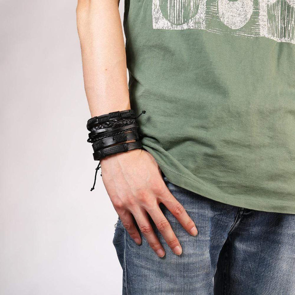 Punk Men's Multi-layer Black Leather Bracelet Braided Magnetic Clasp Bangle  | eBay